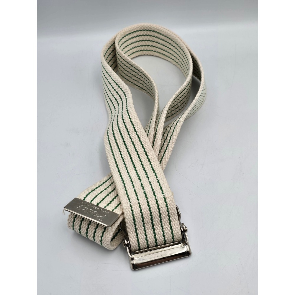 Posey Medical Gait Belt White Cotton Green Stripe Silver Metal Buckle